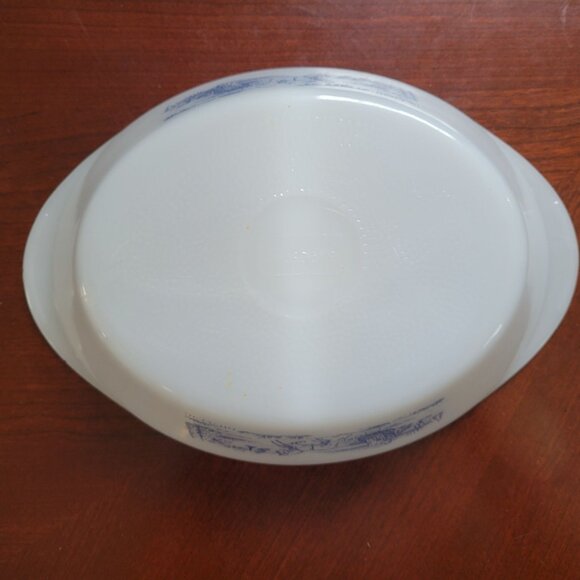 Vintage Glasbake Milk Glass Divided Dish With Blue Farm Scene Print - Picture 3 of 8